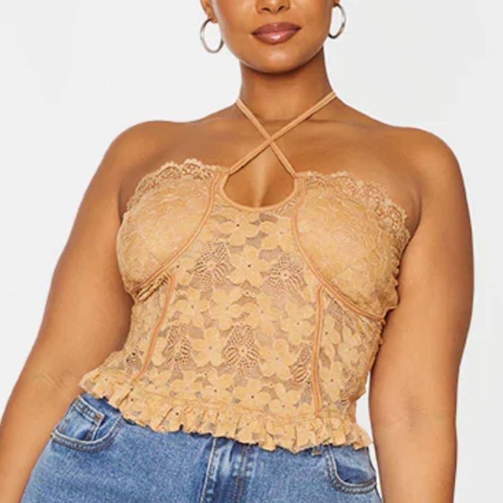PrettyLittleThing Brown Crochet Halterneck Crop Top - Size 2X